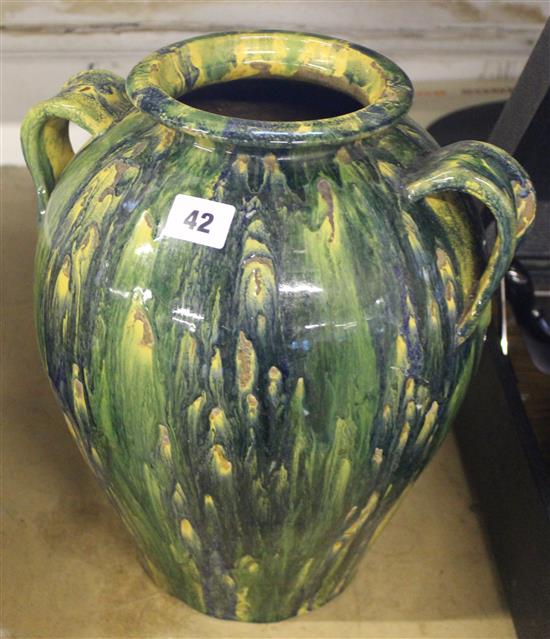 Studio pottery green, yellow & blue drizzle glazed two handled jar(-)